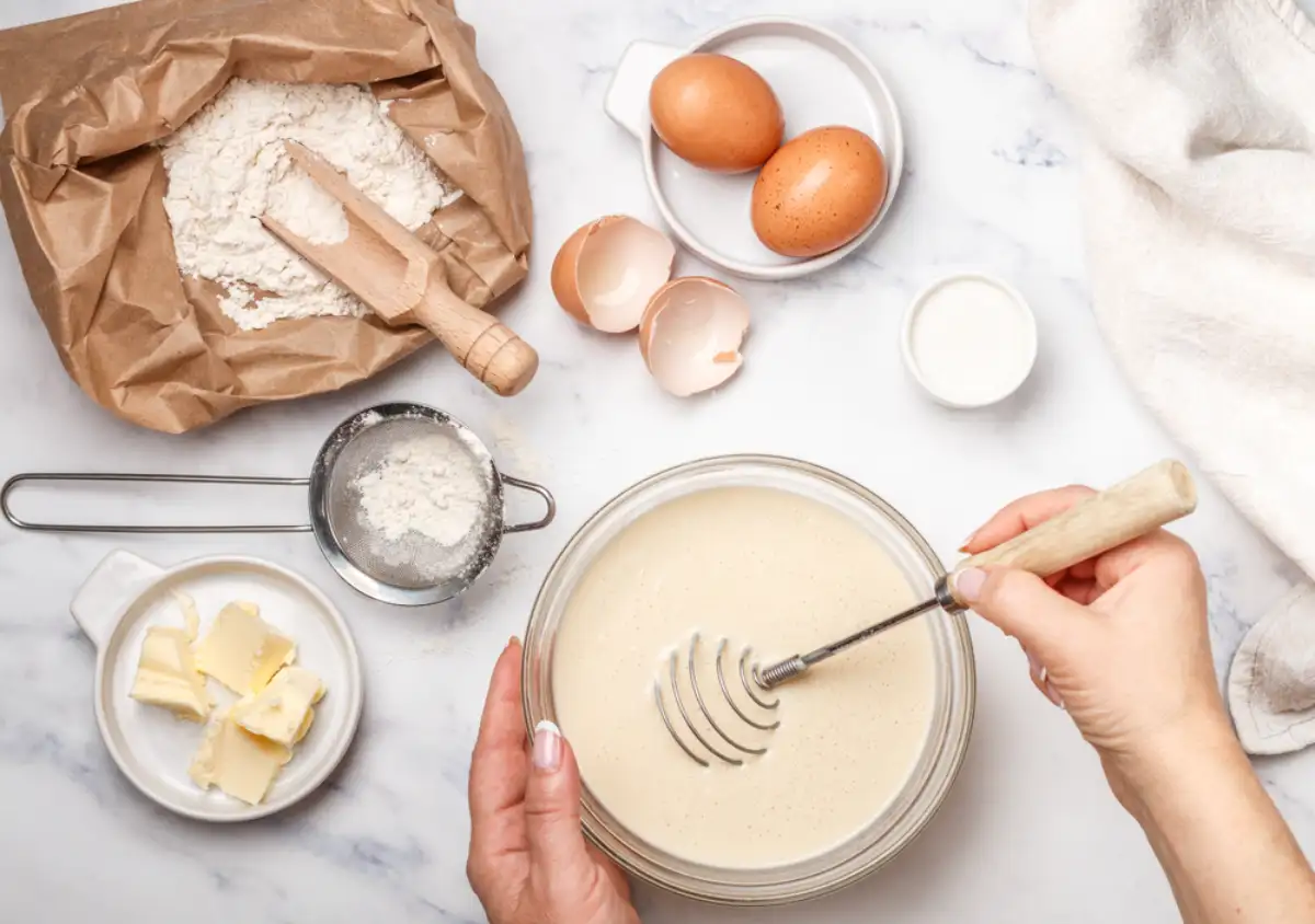 Woman prepares dough for homemade pancakes for Breakfast