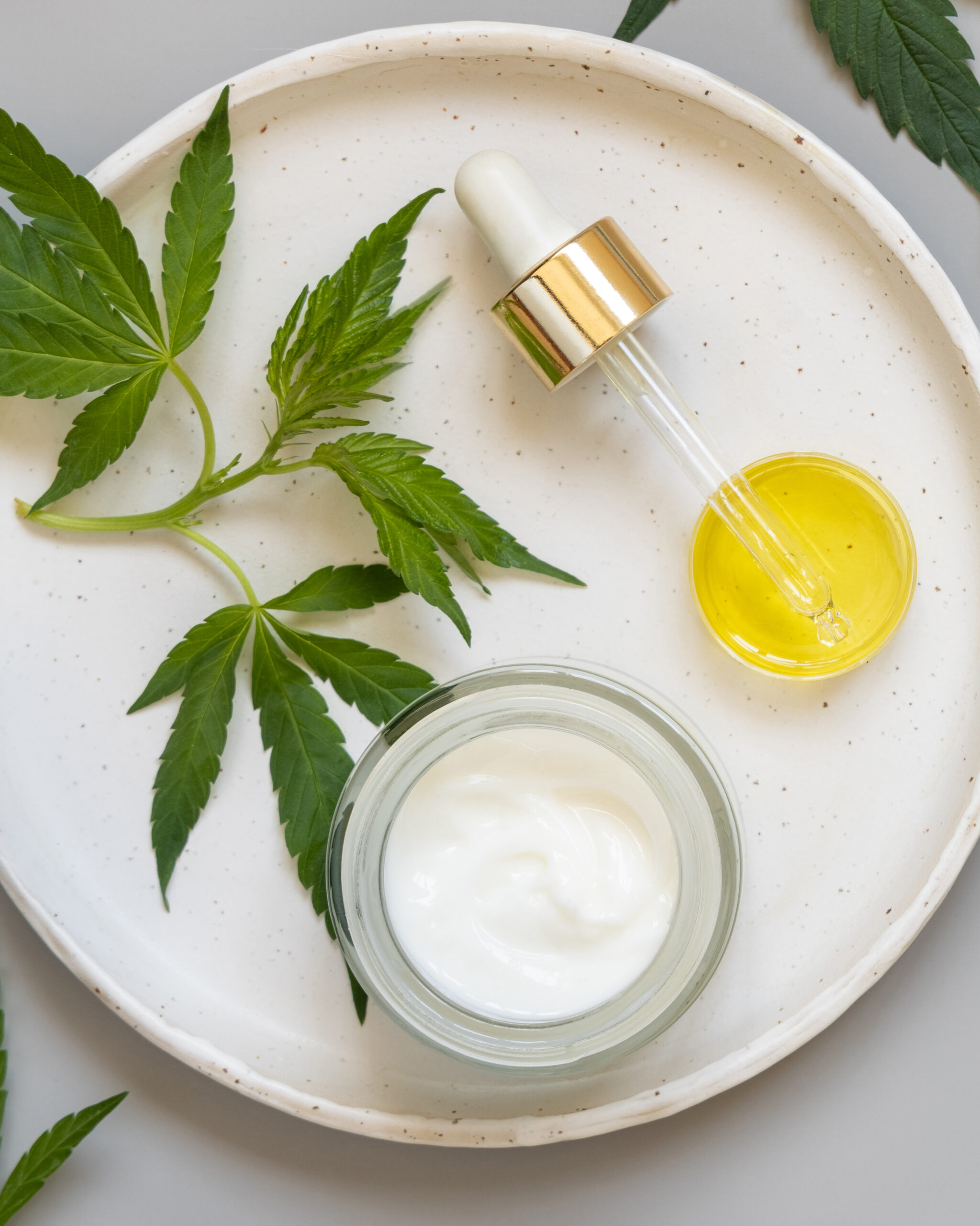 Cream jar and pipette near green cannabis leaves on grey table.