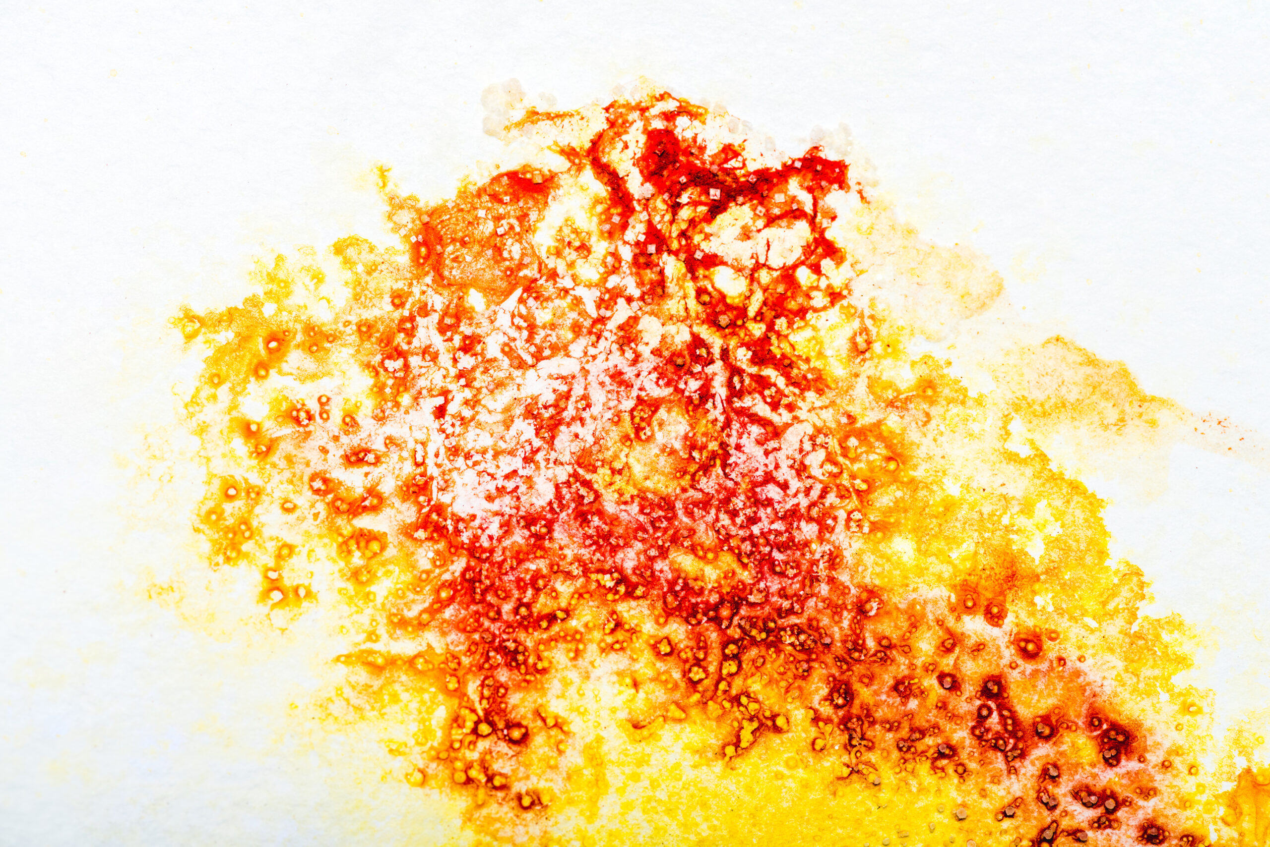 top view of yellow and red watercolor spills on white paper