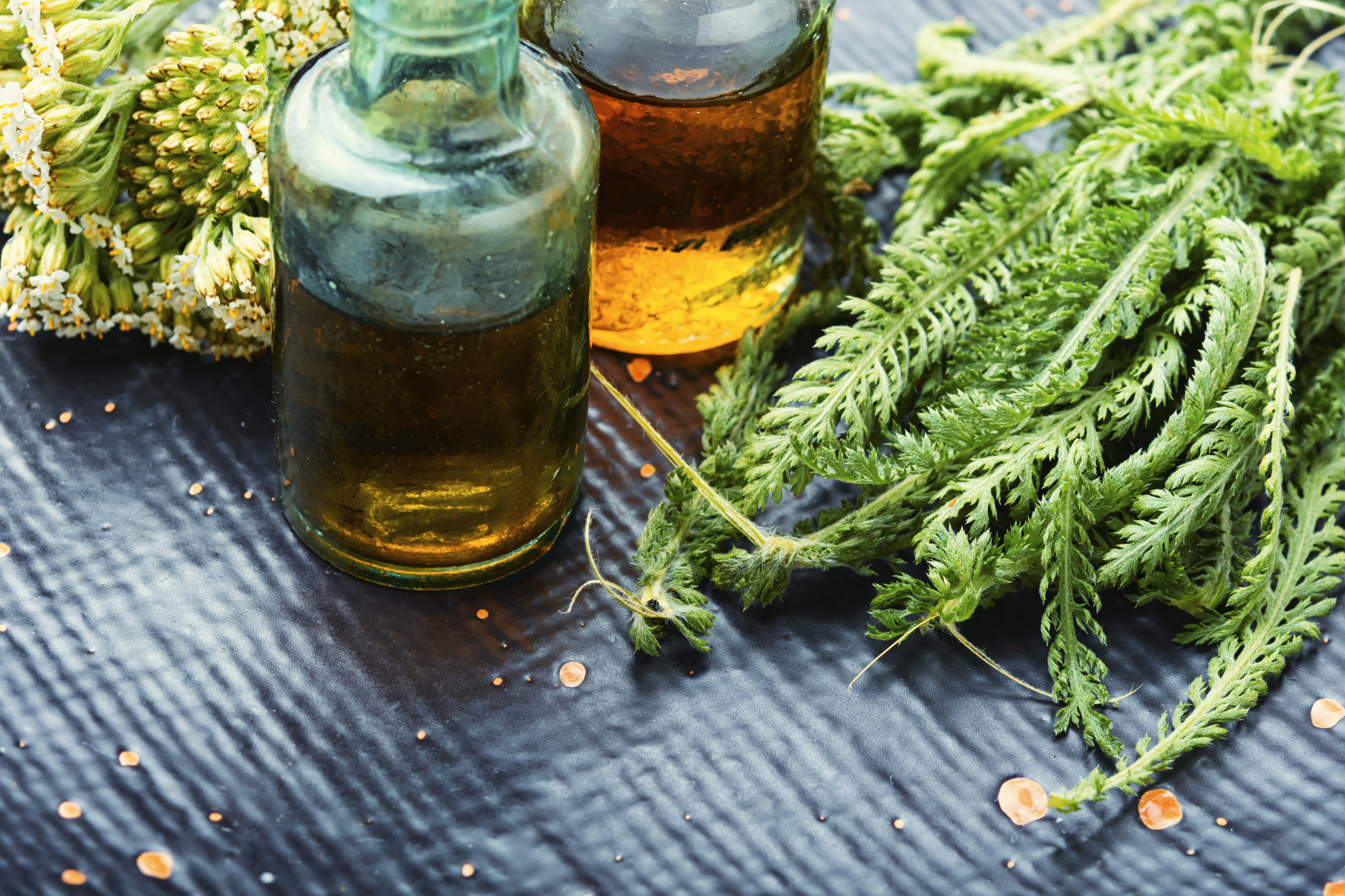 yarrow tincture in the glass bottle 